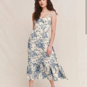 SOLD Reformation Nikita Midi Dress White & Blue Floral Bird Print Size 8